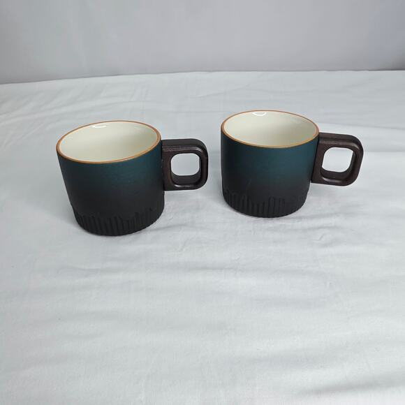 Dark Green 2 oz Ceramic Espresso Cups Set of 2 Wooden Handle New - Picture 3 of 7